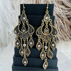 Vintage brasstone, Bohemian chic, fringe, long pierced earrings